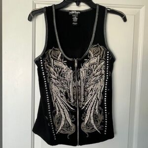 From Los Angeles Bus Stop Black Biker Zip Front Rhinestone Wings Top SzM Sturgis